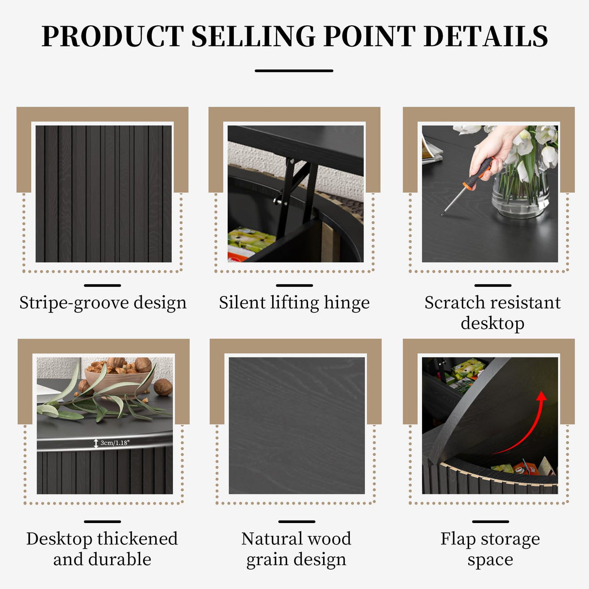 Fsbecl Lift Top Coffee Table with Storage, Round Coffee Tables for Living Room, 34.6In Farmhouse Fluted Coffee Table, Wood Center Table with Large Hiddern Storage Compartment (Black) Fsbecl