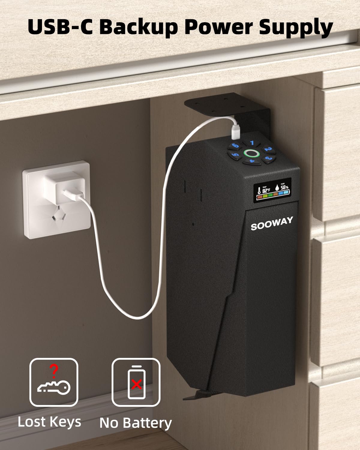 Gun Safe, Mounted Biometric Pistol Safe Drop Down Gun Lock Box for Handgun with 3 Ways Quick Access Bedside Pistol Case for Nightstand, Desk, Wall, Dresser SOOWAY