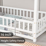 LLS Full Size White Montessori House Bed Frame with Roof and Safety Fence LLS