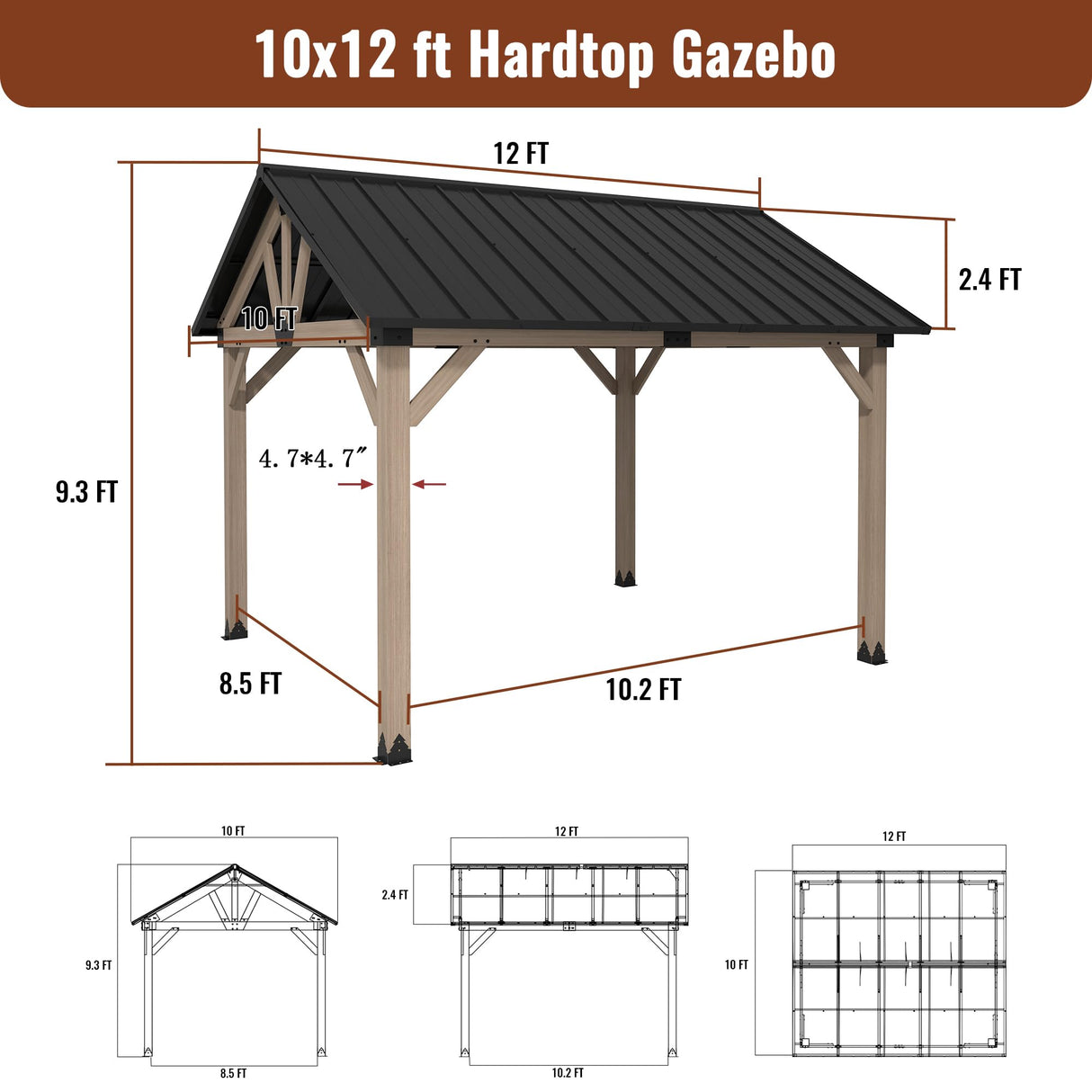 MONDAWE 10 x 12 ft. Wood Gazebo Cedar Framed Wooden Gazebo Patio Steel Hardtop Gazebo with Galvanized Steel Gable Hardtop Roof for Patio Lawn Backyard, Black Roof + Dark Wood Frame MONDAWE