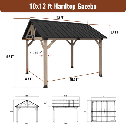 MONDAWE 10 x 12 ft. Wood Gazebo Cedar Framed Wooden Gazebo Patio Steel Hardtop Gazebo with Galvanized Steel Gable Hardtop Roof for Patio Lawn Backyard, Black Roof + Dark Wood Frame - WoodArtSupply