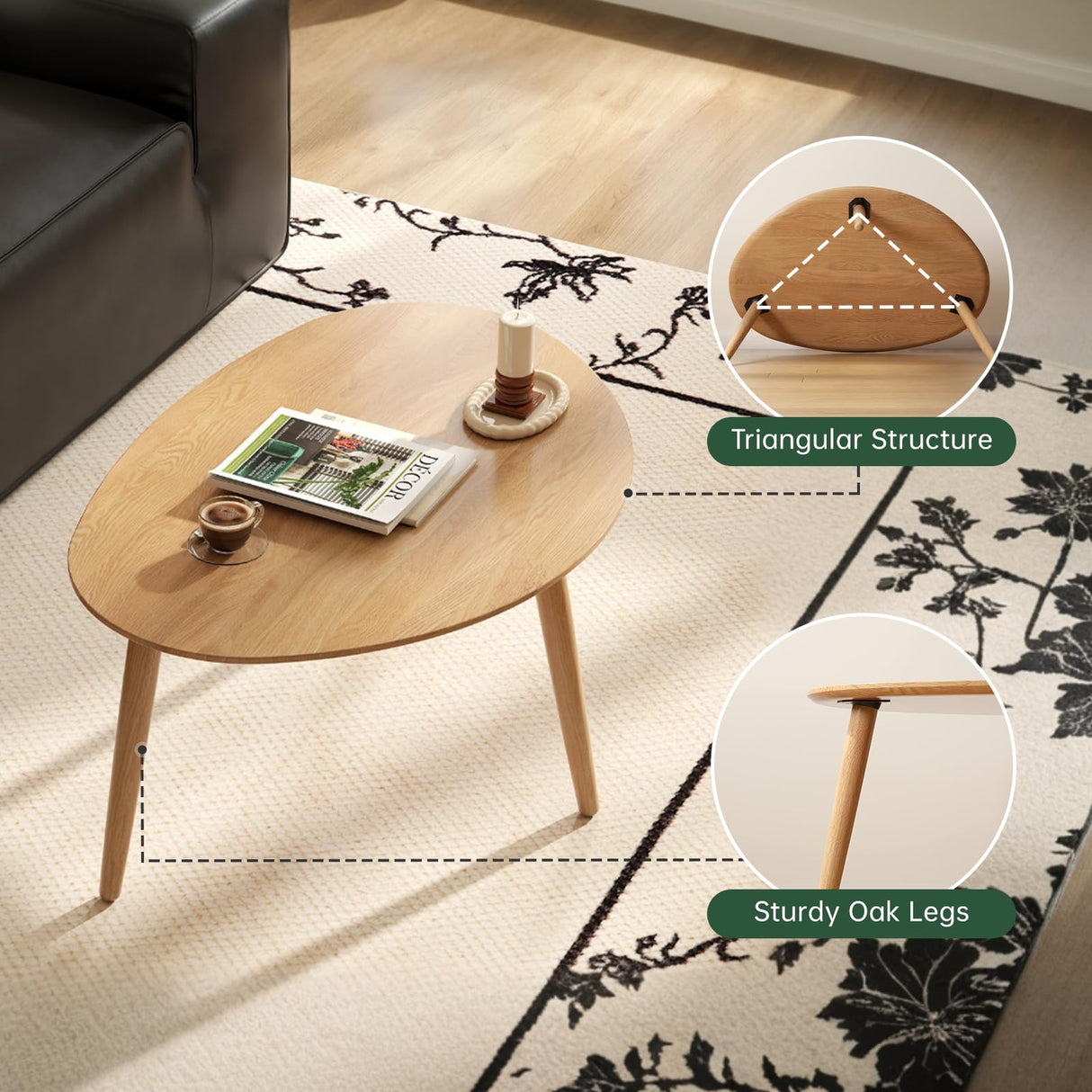 Wayshome Small Oval Coffee Table, 100% Solid Wood Coffee Tables Mid Century Modern Table for Living Room Side Table End Tables for Home(Original Wood Color, 33.46''x22.83''x15.74'') Wayshome