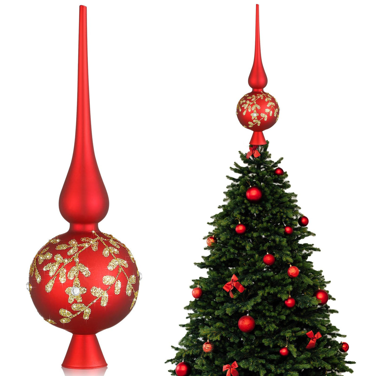 Gejoy Glass Christmas Finials Tree Topper Red Ornaments Spherical Blown Glass Xmas Tree Topper Finials with Carved Flowers Holiday Indoor Suitable for Party Decoration, 9.8inches Gejoy