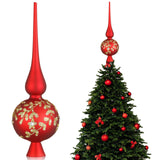 Gejoy Glass Christmas Finials Tree Topper Red Ornaments Spherical Blown Glass Xmas Tree Topper Finials with Carved Flowers Holiday Indoor Suitable for Party Decoration, 9.8inches Gejoy