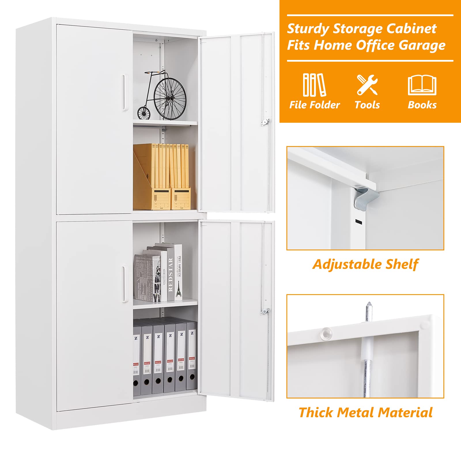 STANI Metal Storage Cabinet, Locking Steel Storage Cabinet with 4 Doors and 2 Adjustable Shelves, 71" Steel Lockable File Cabinet, Tall Steel Cabinet for Home Office,Garage,School (White) - WoodArtSupply