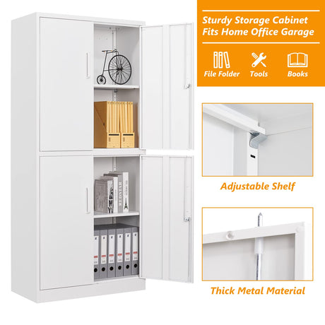 STANI Metal Storage Cabinet, Locking Steel Storage Cabinet with 4 Doors and 2 Adjustable Shelves, 71" Steel Lockable File Cabinet, Tall Steel Cabinet for Home Office,Garage,School (White) STANI