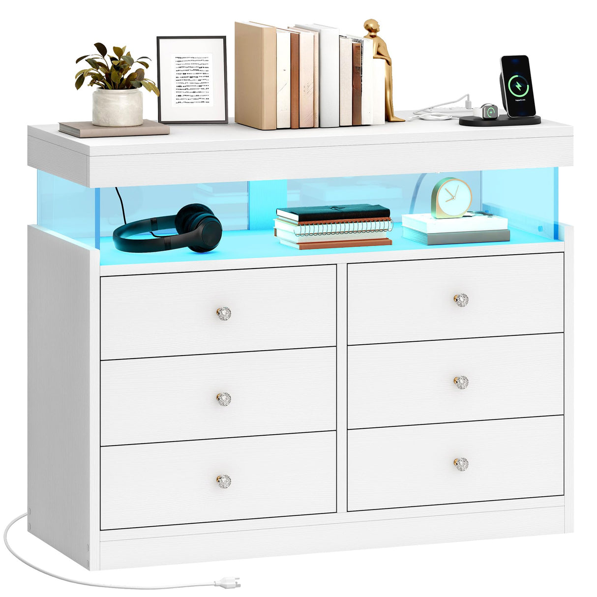YITAHOME 6 Drawer Dressers with LED Lights and with Charging Station, Wood Dressers Chests of Drawers, Modern Dresser with Open Shelf Storage for Room, Entryway, Hallway, White YITAHOME