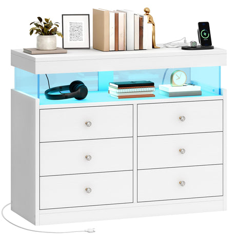 YITAHOME 6 Drawer Dressers with LED Lights and with Charging Station, Wood Dressers Chests of Drawers, Modern Dresser with Open Shelf Storage for Room, Entryway, Hallway, White YITAHOME