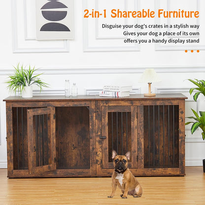 Large Dog Crate Furniture, Double Dog Kennel Furniture with 2 Drawers and Removable Divider, XXL Heavy Duty Wood Dog Crate Table for 2 Dogs Indoor (Rustic Brown, 71in) - WoodArtSupply