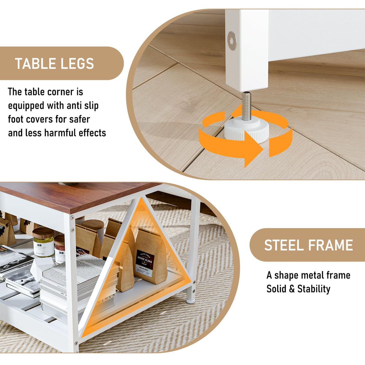 EDWINENE 39.4 Inches White Coffee Table for Living Room, Farmhouse Coffee Table with Storage Shelf EDWINENE