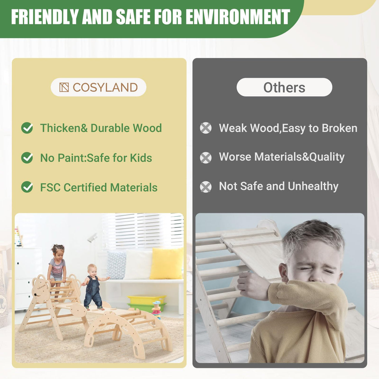 COSYLAND Pikler Triangle Set 8 in 1, Foldable Pickler Climbing Set Wooden Montessori Climbing Gym Set, Large Indoor Climbing Toys for Toddlers 1-6 Inside, Patented Baby Climbing Gym CPC Certified, Nat COSYLAND