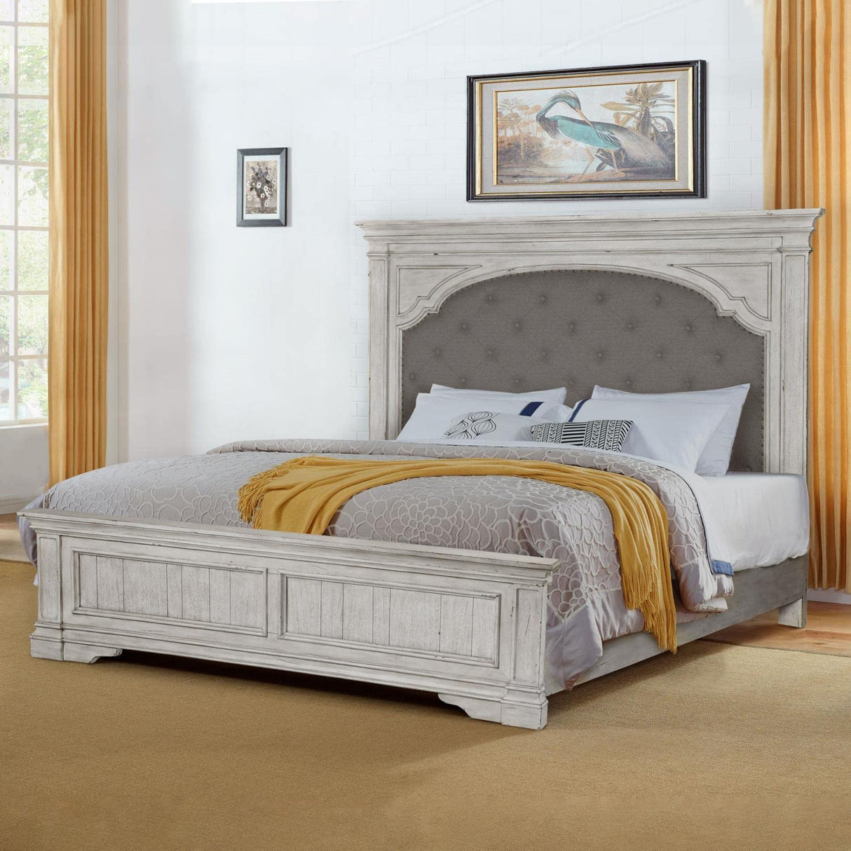 Steve Silver Company Highland Park 83.5" x 90" Farmhouse Wood & Fabric Upholstered Panel King Bed with Button Tufted Headboard, Low Vertical Planked Inset Panel Footboard, in Rustic Ivory Finish Steve Silver