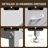 DrawXynth White Dresser for Bedroom with LED Lights and Power Outlets, 55" TV Stand with 10 Drawers & Open Shelves, Fabric Chest of Drawers with PU Finish, Metal Frame, Wood Top DrawXynth