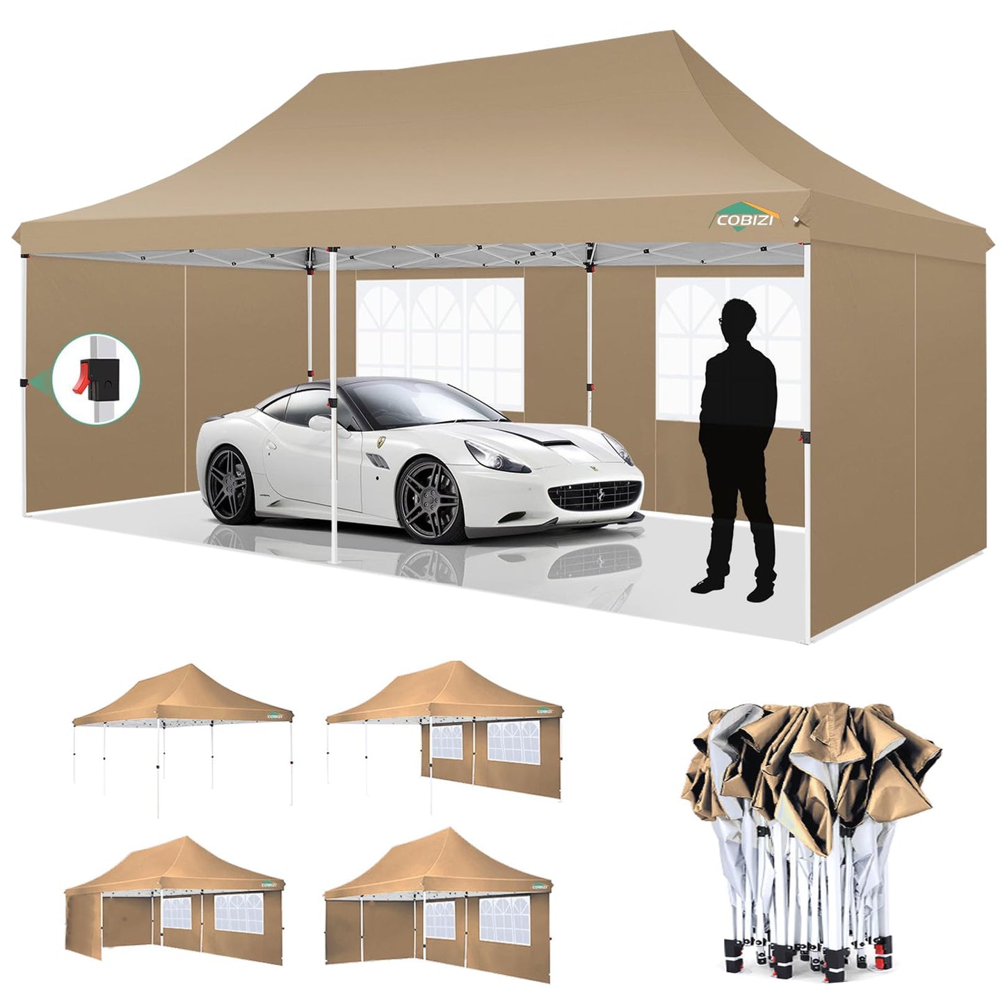 COBIZI 10x20ft Pop Up Canopy Tent with 4 Removable Sidewalls, Easy Up Commercial Canopy, Waterproof and UV50+ Gazebo with Portable Bag, Adjustable Leg Heights,Party Tents for Parties