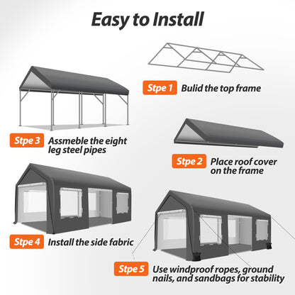 QZEN Carport 12'x20' Portable Garage, Heavy Duty Carport Canopy with Roll-up Ventilated Windows & Side Doors, Car Port for SUV, F150, Car, Truck, Boat（12' x 20'）