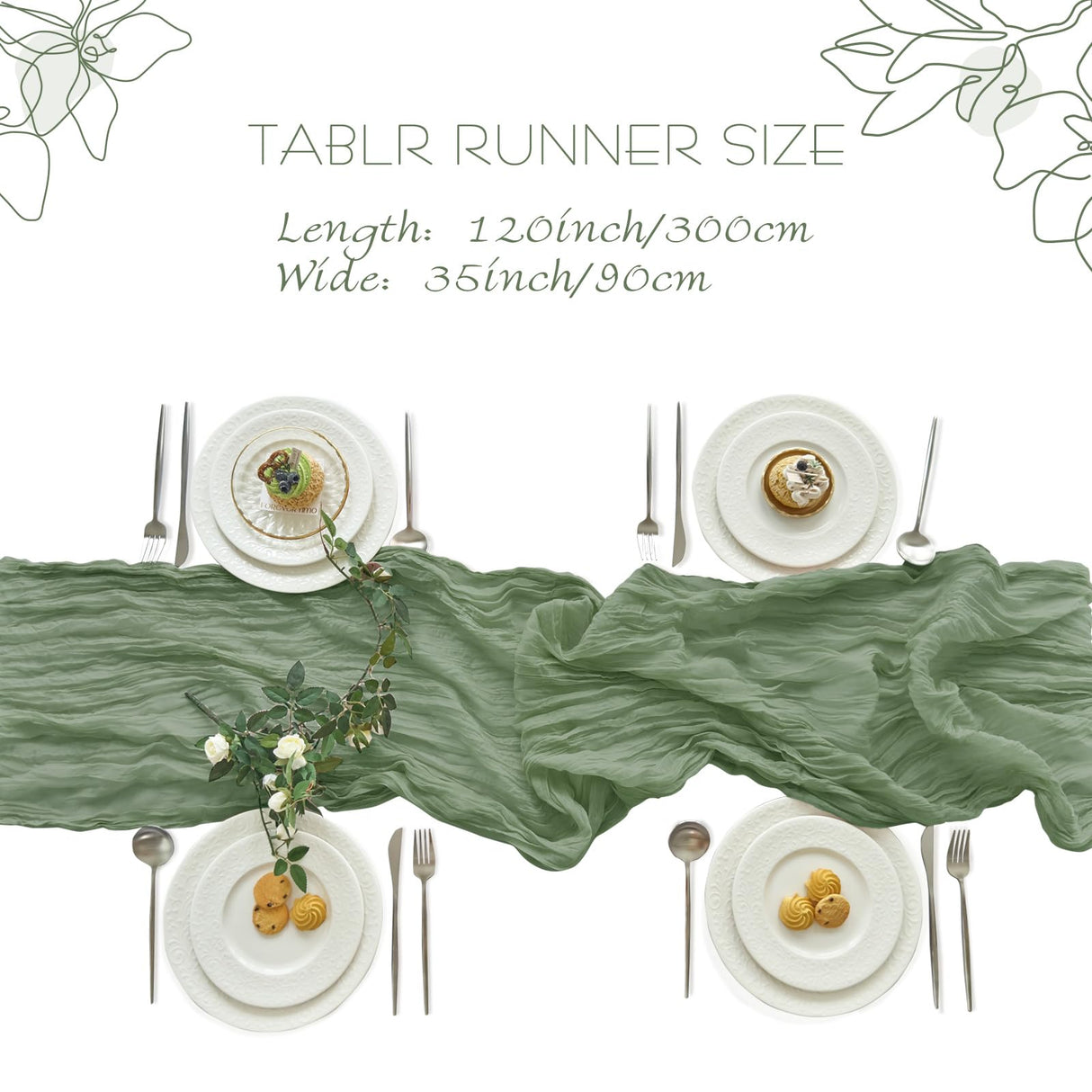 IVAPUPU 2 Pcs Cheesecloth Christmas Table Runner - 10ft Sage Green Boho Gauze Cheese Cloth Table Runners for Baby Shower Decoration Wedding Party Summer Garden Farmhouse IVAPUPU