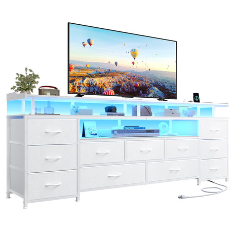 ADORNEVE TV Stand for 65 Inch TV, 63" W TV Console Table with LED Lights & Charging Station, Long Dresser with 11 PU Drawers, Large Entertainment Center with Shelves for Bedroom,White ADORNEVE