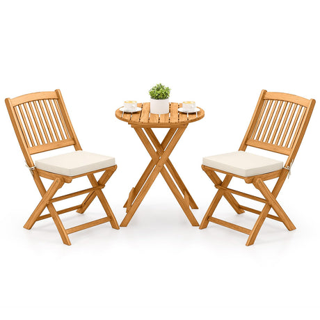 Tangkula 3 Pieces Acacia Wood Patio Folding Bistro Set, Outdoor Table and Chairs Set with Soft Cushions, Patio Furniture Set for Porch, Balcony, Garden, Deck and Backyard Tangkula
