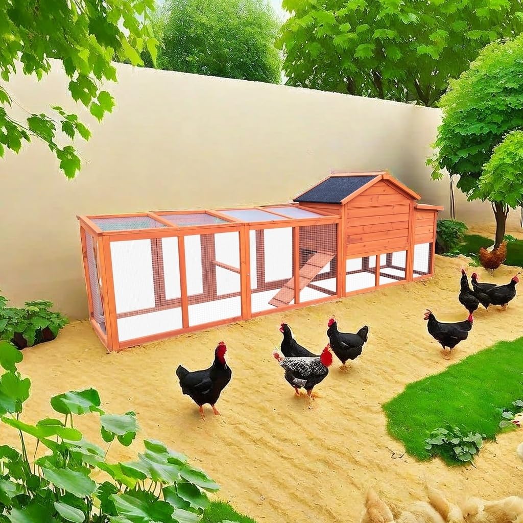 ZMAD Large Chicken Coop with Run, Wooden Hen House for 2-5 Chickens, Outdoor Chicken Run Poultry Cage Rabbit Cage Duck House with Nesting Box (Red) ZMAD