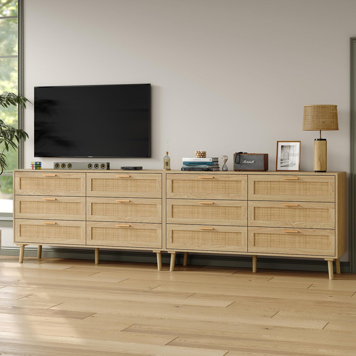 Furniouse 6 Drawer Double Dresser for Bedroom, 47.3" Rattan Chest of Dressers with Storage and Gold Handle, Natural Rattan Dresser for Living Room, Hallway, Entryway Furniouse