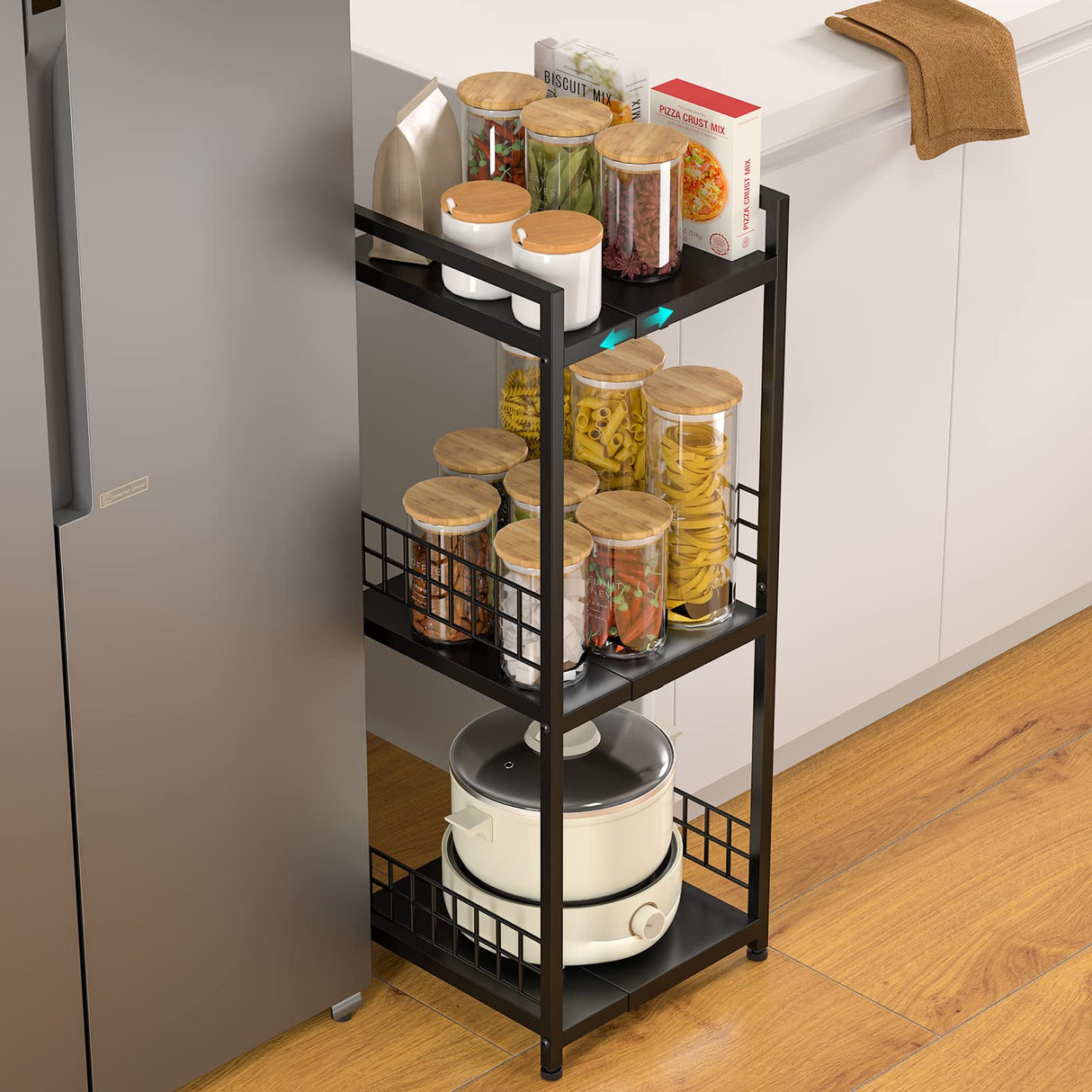 DAOUTIME 3-Tier Metal Shelving Unit, Expandable, Free-Standing, Narrow, Open Floor Shelves, Ideal for Bathroom, Kitchen, Laundry, Storage, Organization DAOUTIME