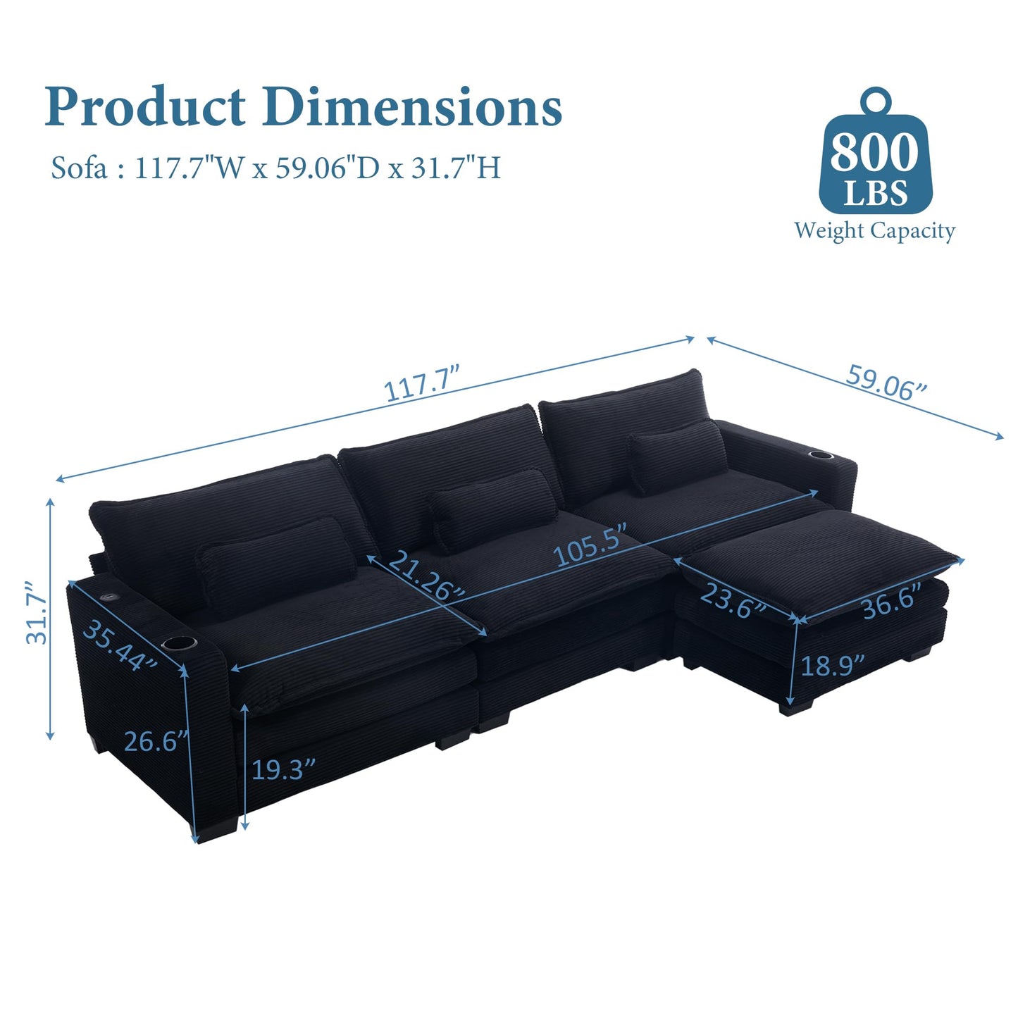 Tmsan 117.7" L Shaped Sectional Sofa with Cup Holders & USB Ports, Modern 3 Seat Cloud Couch with Double Cushions & Ottoman for Living Room, Apartment, Black Corduroy