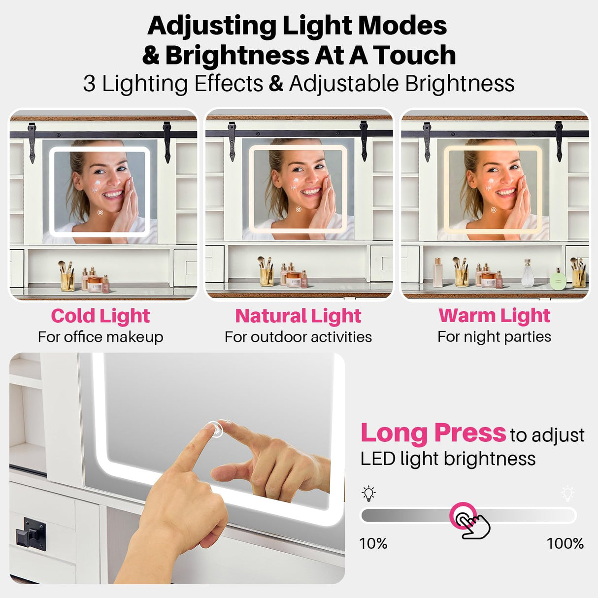 Redlife Farmhouse Vanity Desk with Mirror and Lights, 46" Vanity Set with Stool & Charging Station & Jewelry Cabinet - Makeup Vanity Desk with Glass Tabletop, 4 Drawers, Antique White Redlifeᅟᅠ