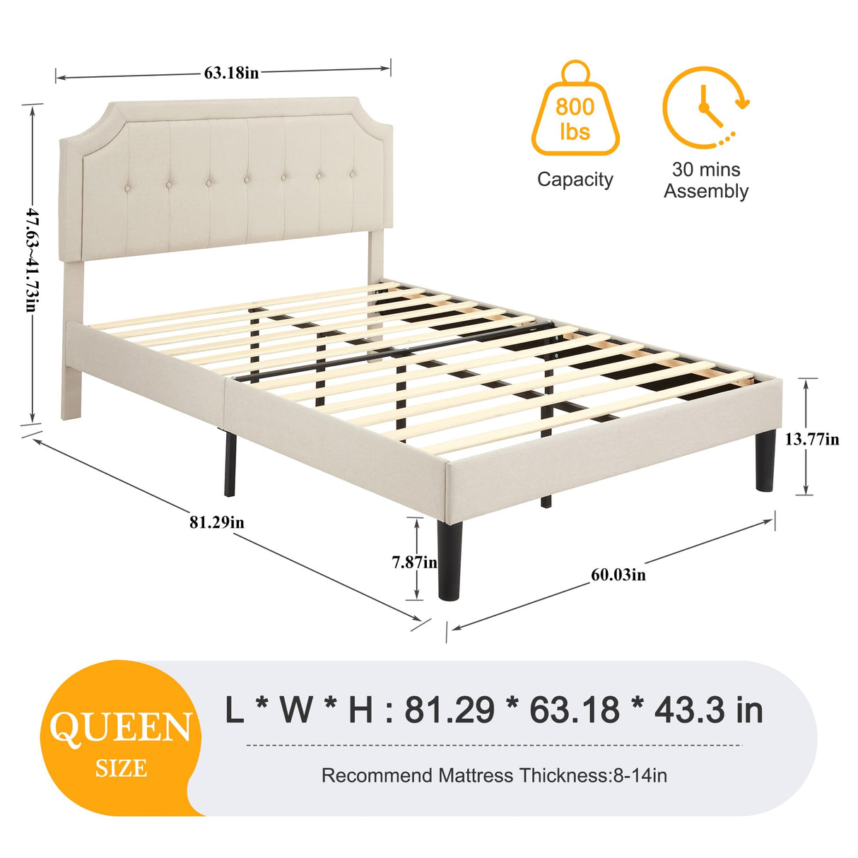 VECELO Queen Upholstered Platform Bed Frame with Adjustable Button Stitched Panel Headboard,Strong Wood Slat Support,Velcro Design,Mattress Foundation/Easy Assembly,Beige VECELO