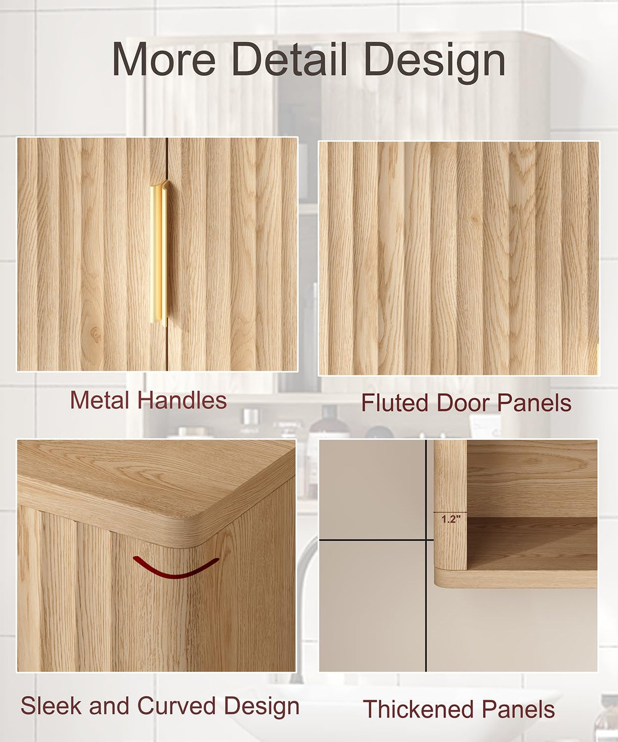 Rovaurx Fluted Medicine Cabinet with 2 Doors, Bathroom Wall Cabinet, Curved Profile Wall Mounted Cupboard with Adjustable Shelf, for Bathroom, Kitchen, Laundry Room, Natural Rovaurx