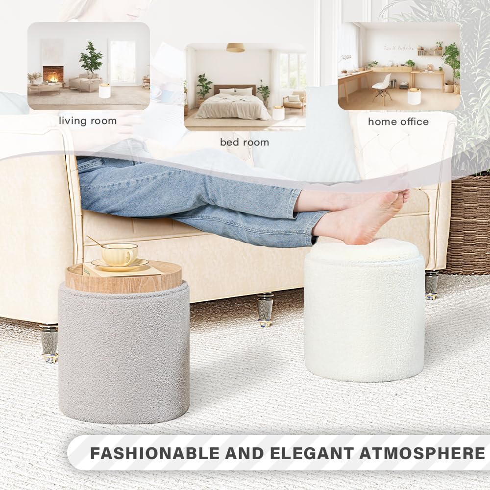 PINPLUS Round Storage Ottoman Boucle Ottoman with Tray, Teddy Velvet Footstool Ottoman Cube for Living Room, Bedroom, Dorm 13.4"x13.4"x15" (White) PINPLUS
