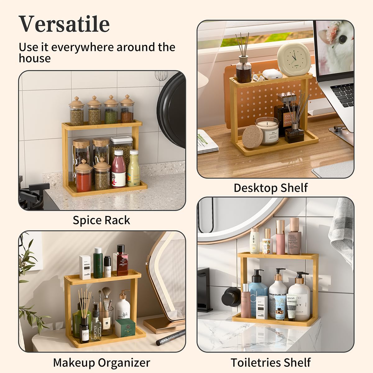 Bamboo Bathroom Organizer Countertop – Small Vanity Storage Shelf for Makeup, Perfume, Skincare – Natural Cosmetics Display Rack for Dresser, Sink, Kitchen – 10.24"x8.46"x5.12" PEKER
