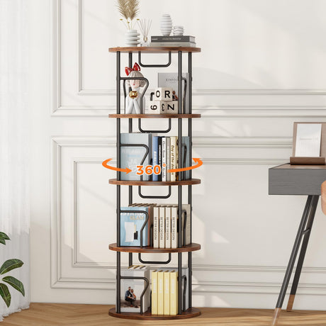 VYRIVA 4 Tier Rotating Bookshelf Tower, 360° Display Round Bookcase, Floor Standing Corner Revolving Bookshelf Organizer Storage Rack for Home Study Office, Small Spaces VYRIVA