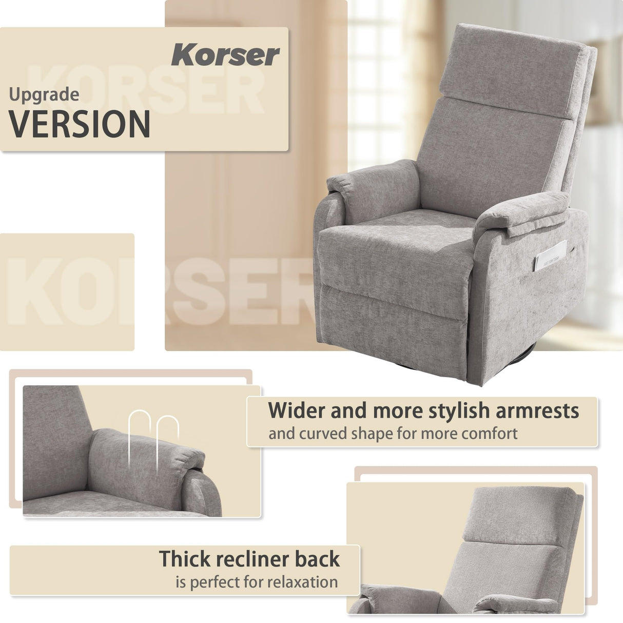 Korser Recliner Chairs, Swivel Rocking Recliner Chair for Adults, Glider Rocking Chair, Small Nursery Recliner for Living Room, Reclining with Modern-Designed Armrests, Chenille, Grey Korser