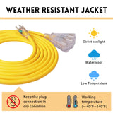 EP 50 Ft Lighted Outdoor Extension Cord with 3 Electrical Power Outlets - 14/3 SJTW Heavy Duty Yellow Extension Cable with 3 Prong Grounded Plug - Power Cord for Lawn, Garden, Appliances EP