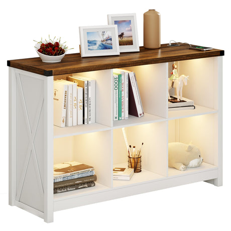 HWB Farmhouse 6 Cube White Bookcase with LED Lighting and Charging Station HWB
