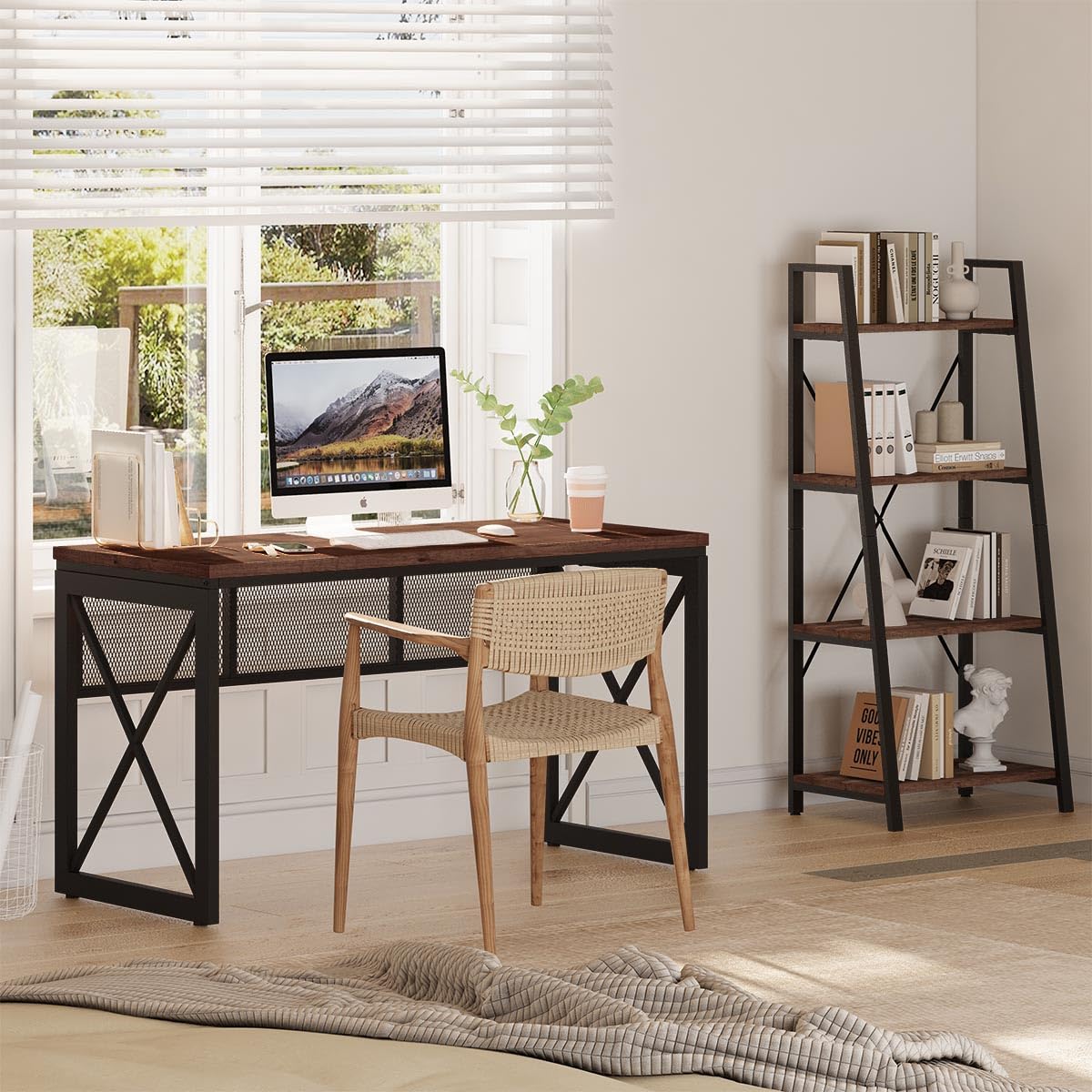 BON AUGURE Farmhouse Computer Desk, Modern Industrial Home Office Desks, Wood Metal Study Writing Table, Sturdy Gaming Desk (Rustic Oak, 54 Inch) BON AUGURE