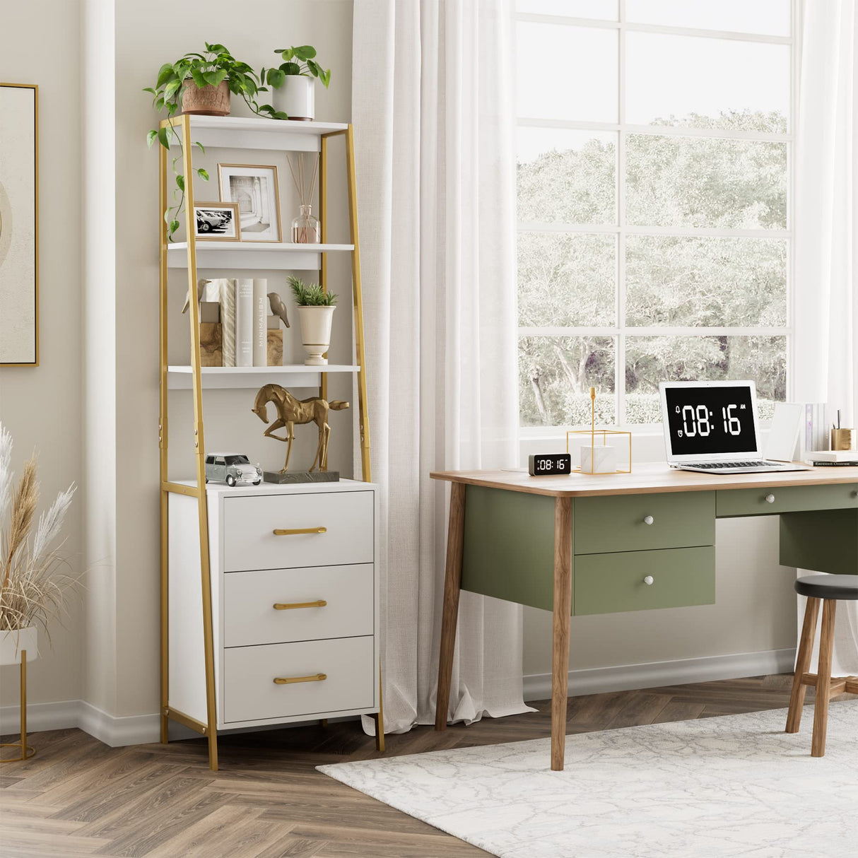 HITHOS 4-Tier Bookshelf, Tall Bookcase with 3 Wooden Drawers, Modern Ladder Book Shlef Storage Organizer for Living Room, Entryway, Office, White Gold HITHOS