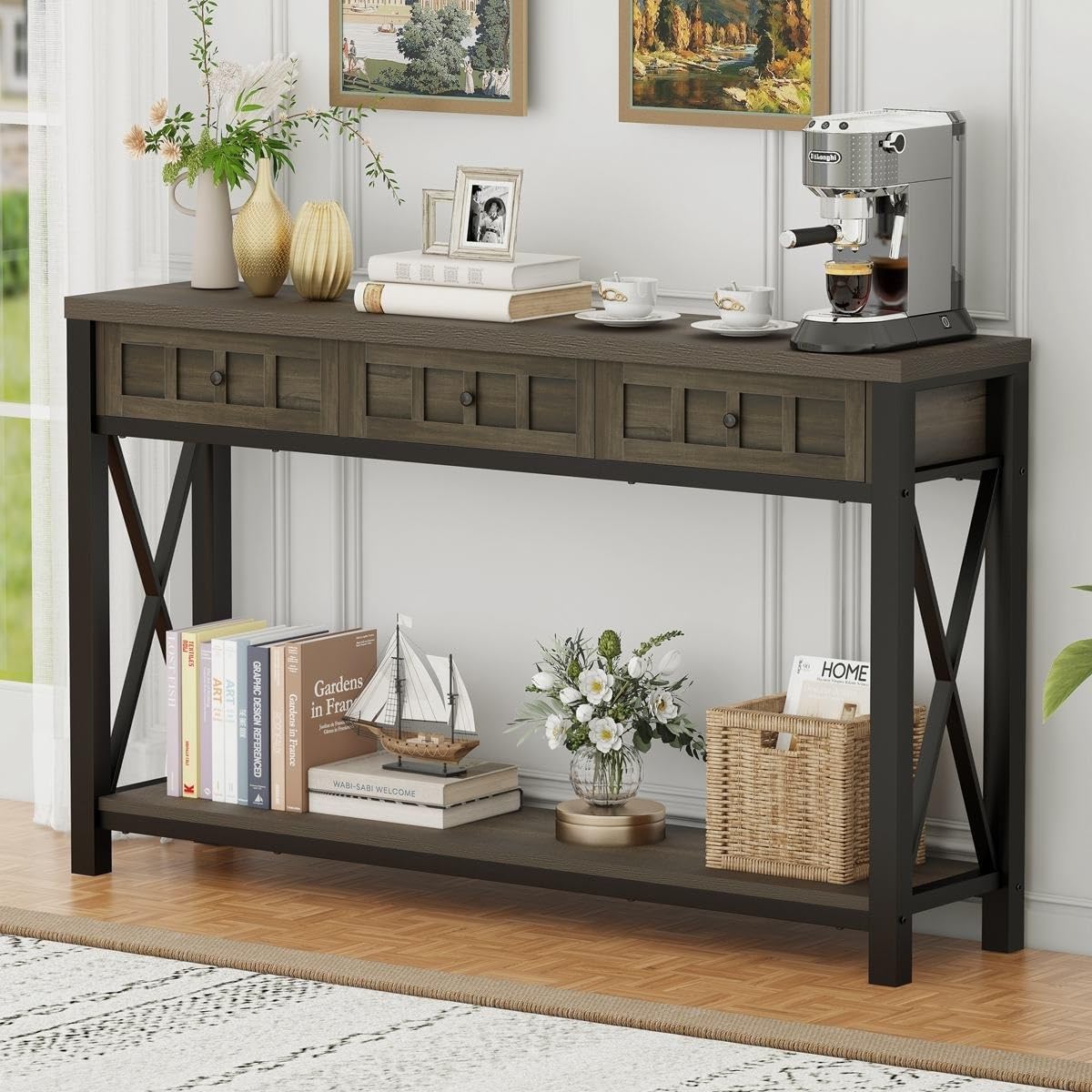 FATORRI Industrial Console Table for Entryway, Rustic Sofa Table with Shelf and 3 Drawers for Living Room, Farmhouse Foyer Table and Couch Table Behind Sofa (54.72 Inch Long, Walnut Brown) - WoodArtSupply