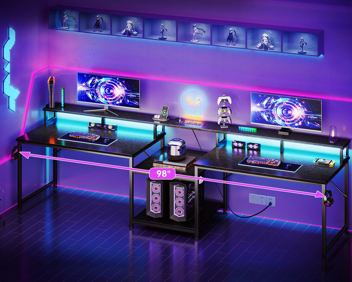 Coleshome 98 Inch 2 Person Gaming Desk with Storage Shelves- Long Double Home Office Computer Desks with USB Charging Port & LED Lights, Writing Desk with Monitor Stand, Modern Study/Work Table, Black Coleshome