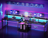 Coleshome 98 Inch 2 Person Gaming Desk with Storage Shelves- Long Double Home Office Computer Desks with USB Charging Port & LED Lights, Writing Desk with Monitor Stand, Modern Study/Work Table, Black Coleshome