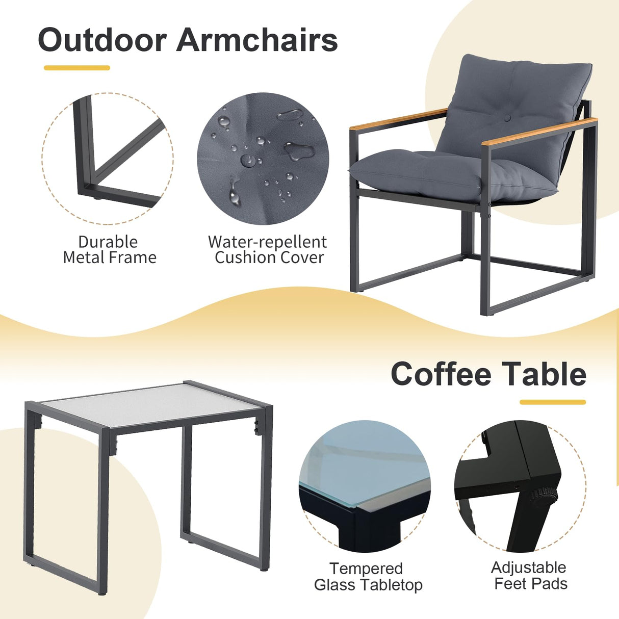 DIMOFAP 3 Piece Patio Furniture Set, Outdoor Porch Chairs Set of 2, Balcony Furniture for Apartment with Chairs & Table, Included Thick Comfy Cushions, Perfect for Porch, Balcony, Deck DIMOFAP