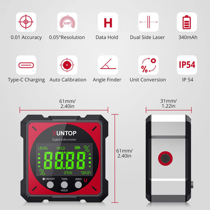 XUNTOP USB Charging Digital Level Box Angle Finder with Laser (Level 2), 4-side Strong Magnetic Angle Gauge IP54 Waterproof Inclinometer Level, Saving time and effort hanging decorations - WoodArtSupply