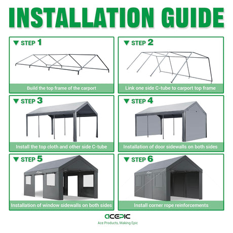 Acepic Carport 10x20ft Heavy Duty Carport Features Roll-up Windows & Doors, Portable Garage with UV Resistant Waterproof All-Season Tarp for Car, Truck, Boat Acepic