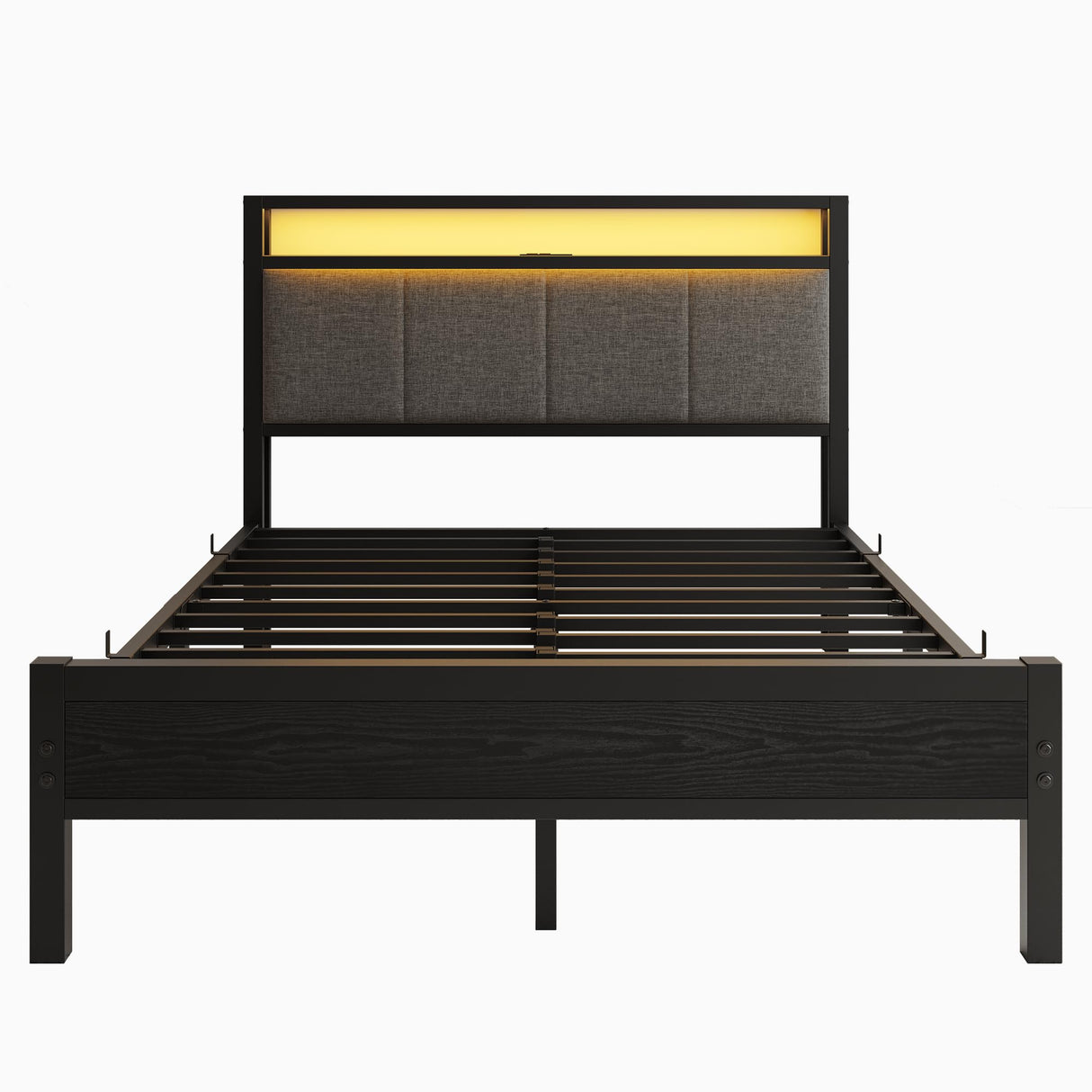 VECOCHO Full Size Bed Frame with LED Lights, Upholstered Headboard with Storage Shelves&Charging Station, Heavy Duty LED Bed Frame Full Mattress Foundation No Box Spring Needed, Noise Free,Grey VECOCHO
