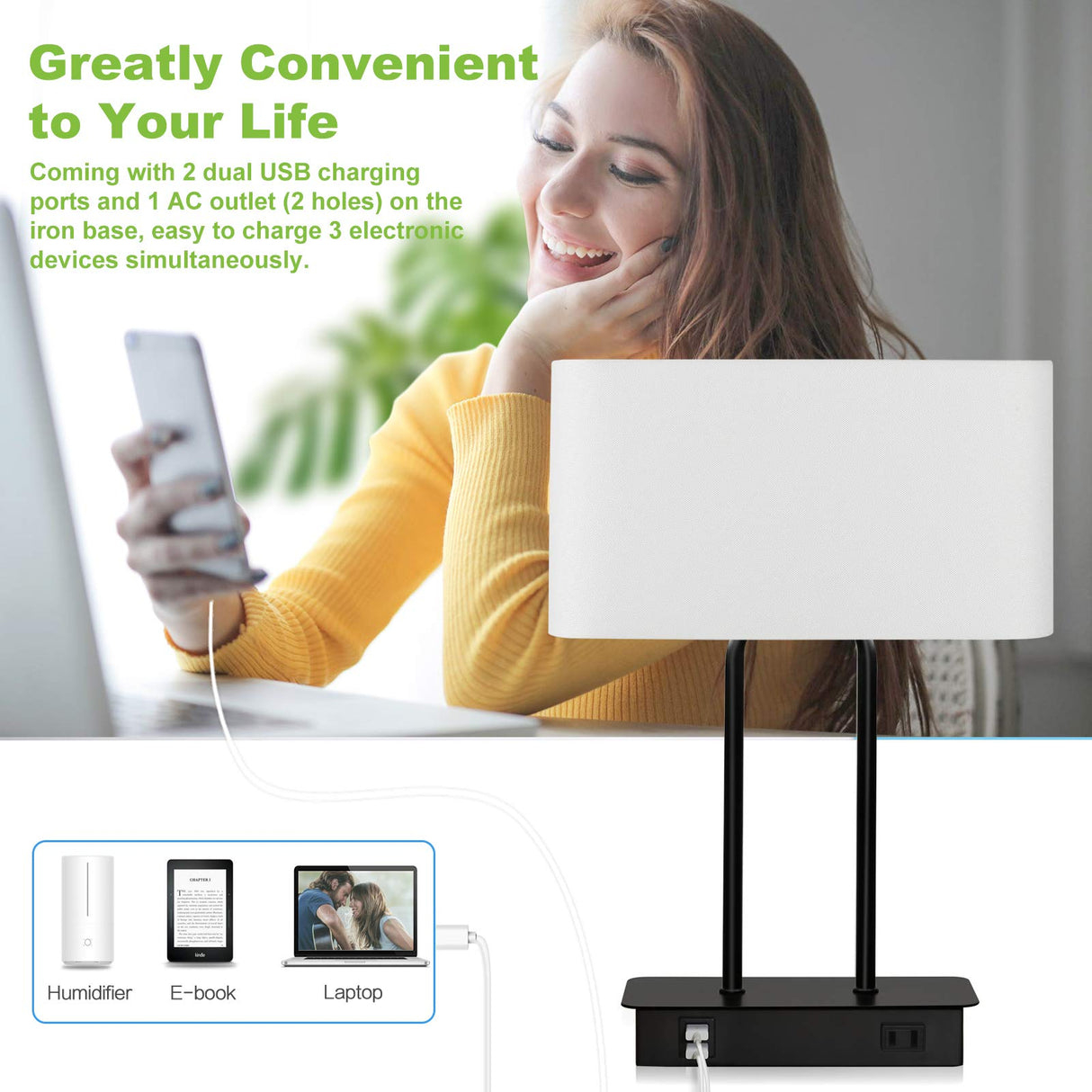 Bedside Touch Control Table Lamp with Dual USB Charging Ports 1 AC Outlet, 3 Way Dimmable Modern Nightstand Lamp with White Fabric Shade, Desk Lamp for Bedroom Living Room Office with 5000K LED Bulb Lakumu