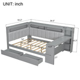 MaiDeHaoo Full Size Daybed with Storage Shelves and Upholstered Headboard, Corner Bed Frame with L-Shaped Bookcase, Drawers and Charging Station, Captains Bedframe with LED Light and Backrest, Grey MaiDeHaoo