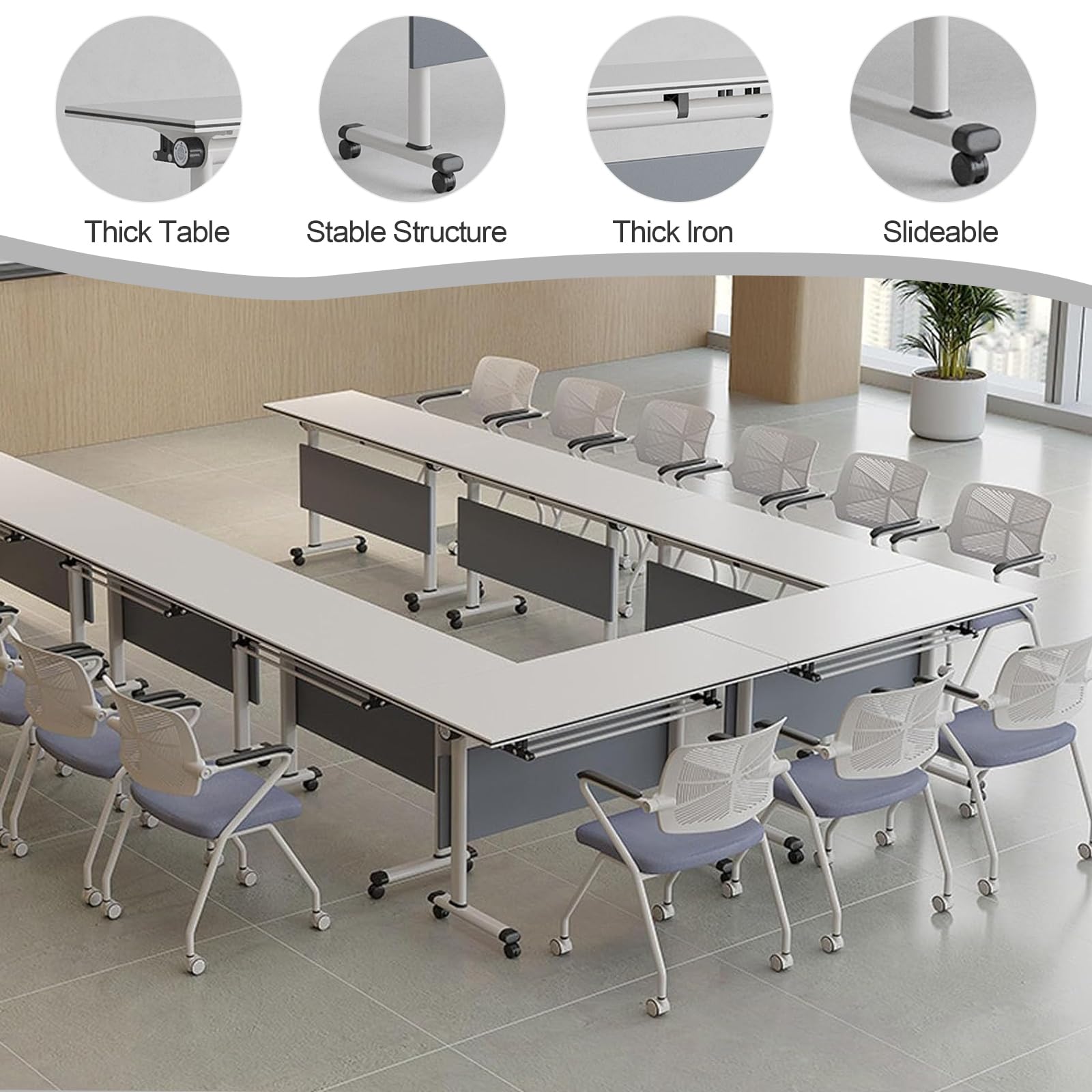 Generic Modern Conference Room Tables, Folding Flip Top Conference Table, White Mobile Training Table, Seminar Boardroom Table, Large Meeting Table for Office,Meeting Room,Classroom 4pcs 140c - WoodArtSupply