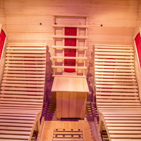 Smartmak Far Infrared Two Person Wood Sauna, Canadian Red Cedar Home Luxurious Wooden Spa Room with Recliner, 3400W Indoor Sauna Detox Therapy with Bluetooth Speaker, Light, Oxygen Bar, 9 Heaters Smartmak