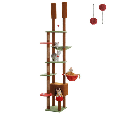 PEQULTI Mushroom Floor to Ceiling Cat Tower Adjustable Height (90.5''-100.4'' = 230cm-252cm) With Condo, Cozy Hammock and Scratching Post, Tall Activity Tree for Indoor Cats, Brown
