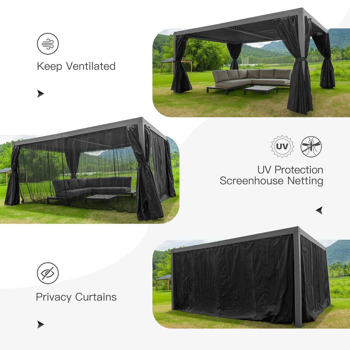 Domi Louvered Pergola 12' × 20', Outdoor Aluminium Pergola with Adjustable Roof, Curtains and Netting, Hardtop Gazebo for Patio, Deck, Garden, Yard, Beach(Gray) domi outdoor living